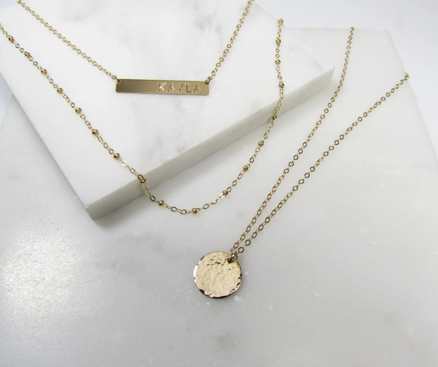 Engraved Bar Layering Set | Personalized Bar Necklace, Beaded Chain & Hammered Disc Necklace